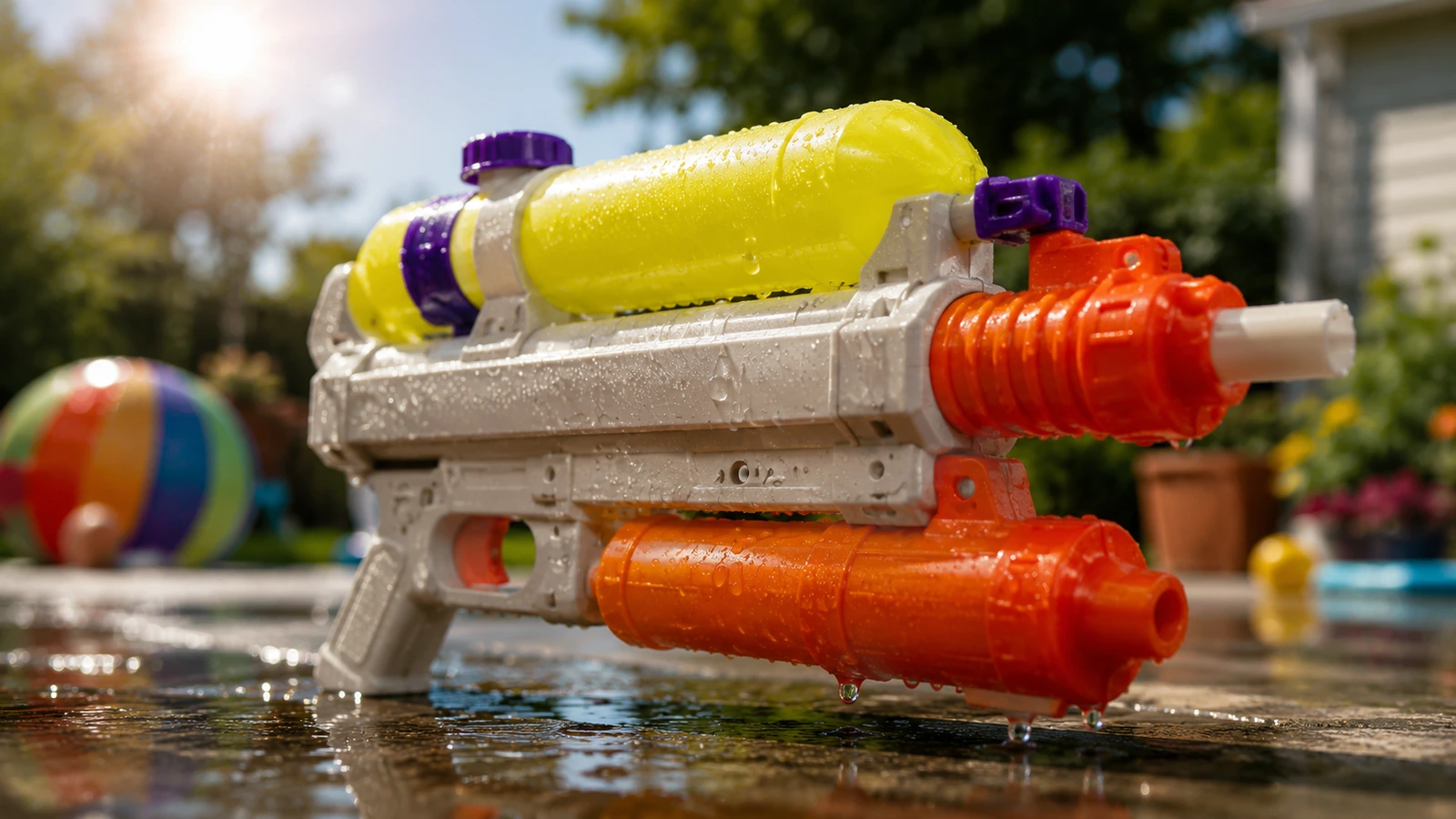 Original-style Super Soaker 50 water blaster with top reservoir on wet backyard pavement
