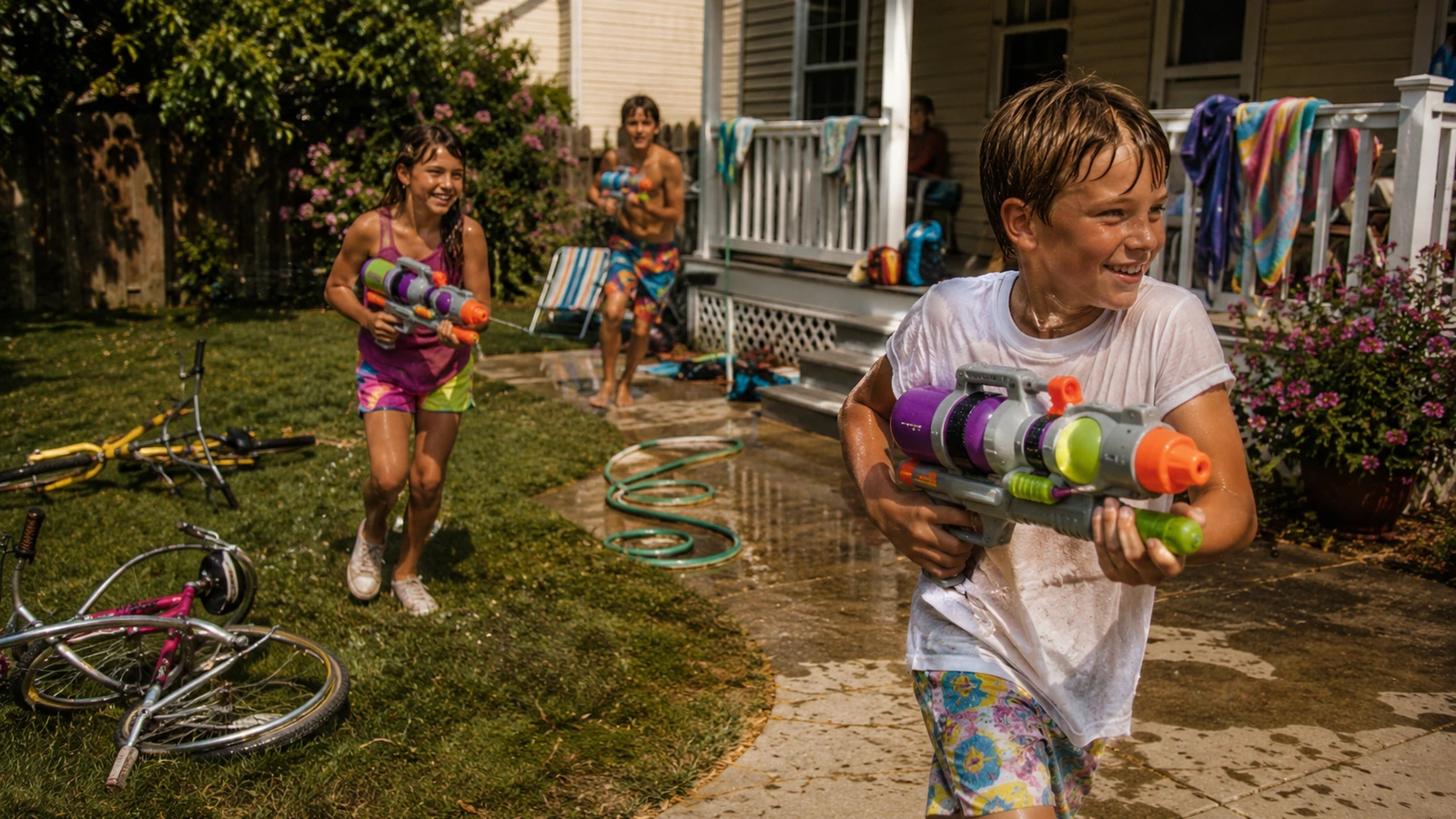 Early 1990s suburban backyard water fight with bikes, garden hose and colorful pressure blasters