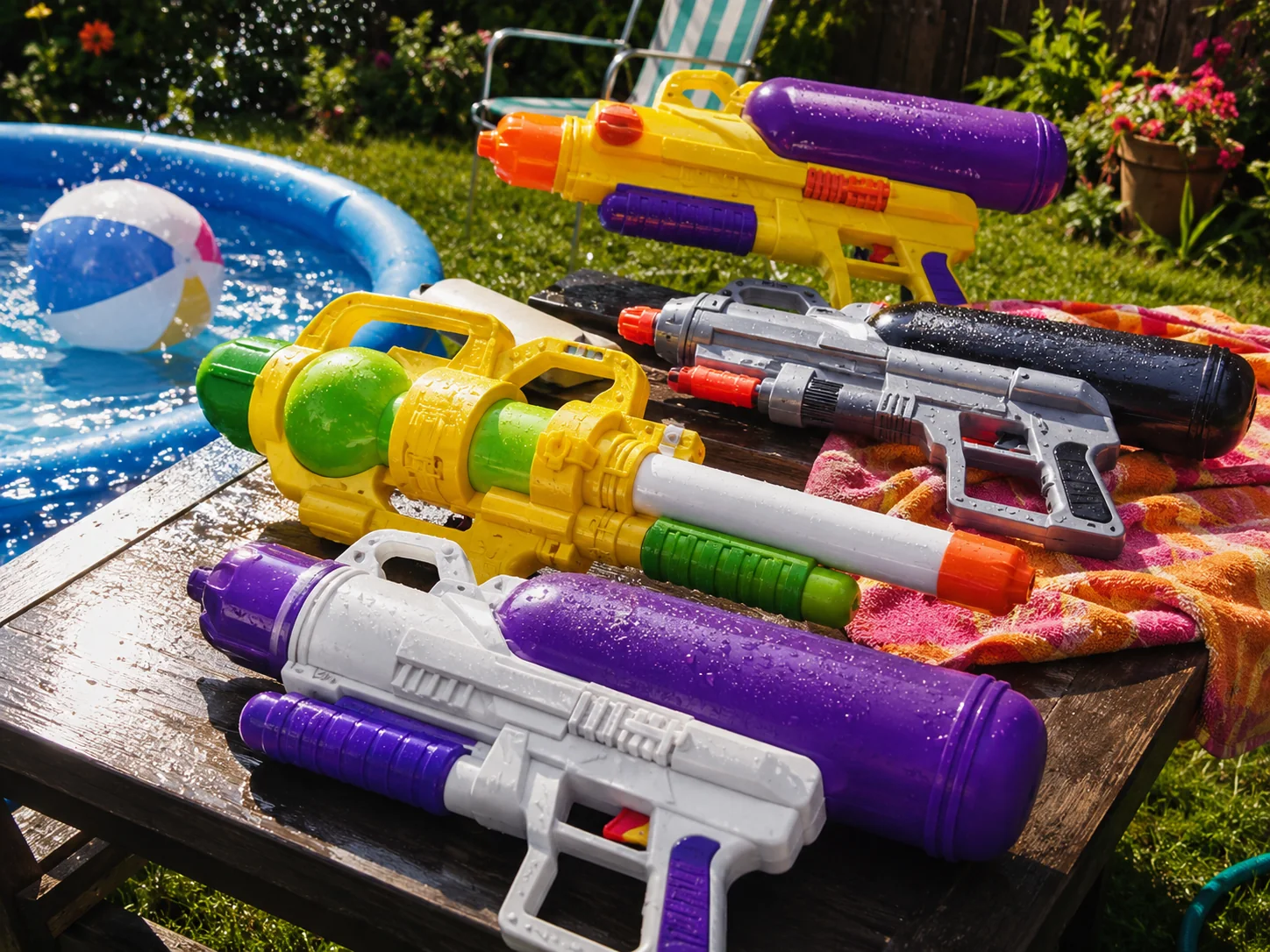 Brightly colored 1990s water blasters beside a backyard pool