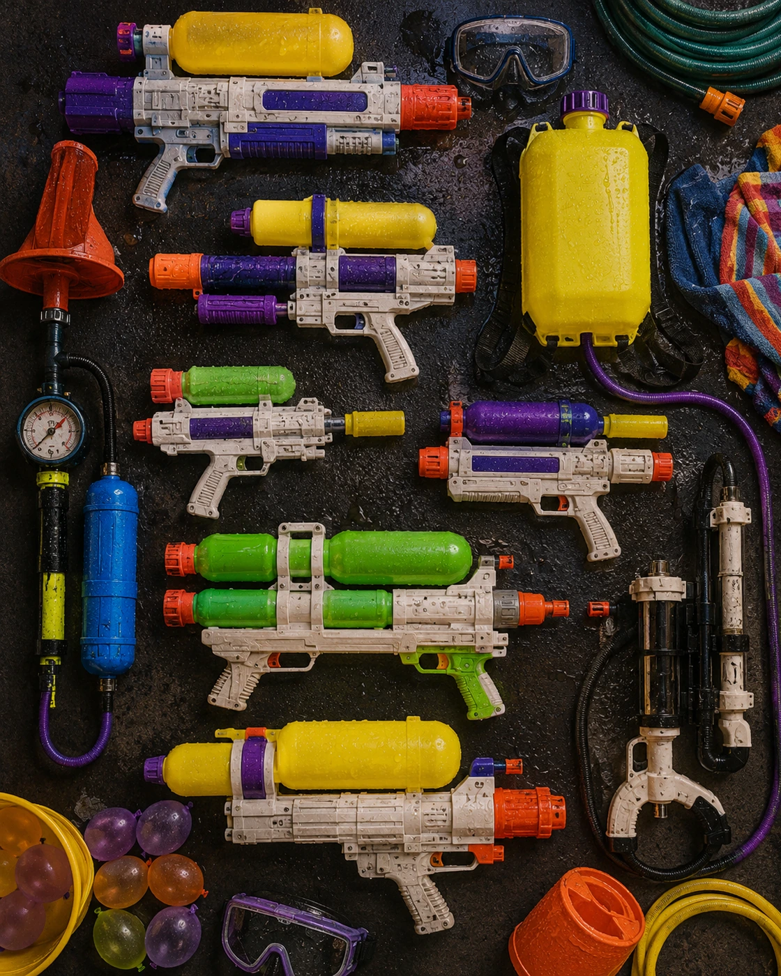 Vertical flat lay of colorful 90s-style water blasters, backpack tank, pressure gauge and backyard gear