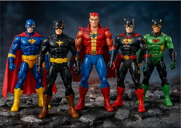 Original colorful 1990s-style superhero action figures with exaggerated costumes