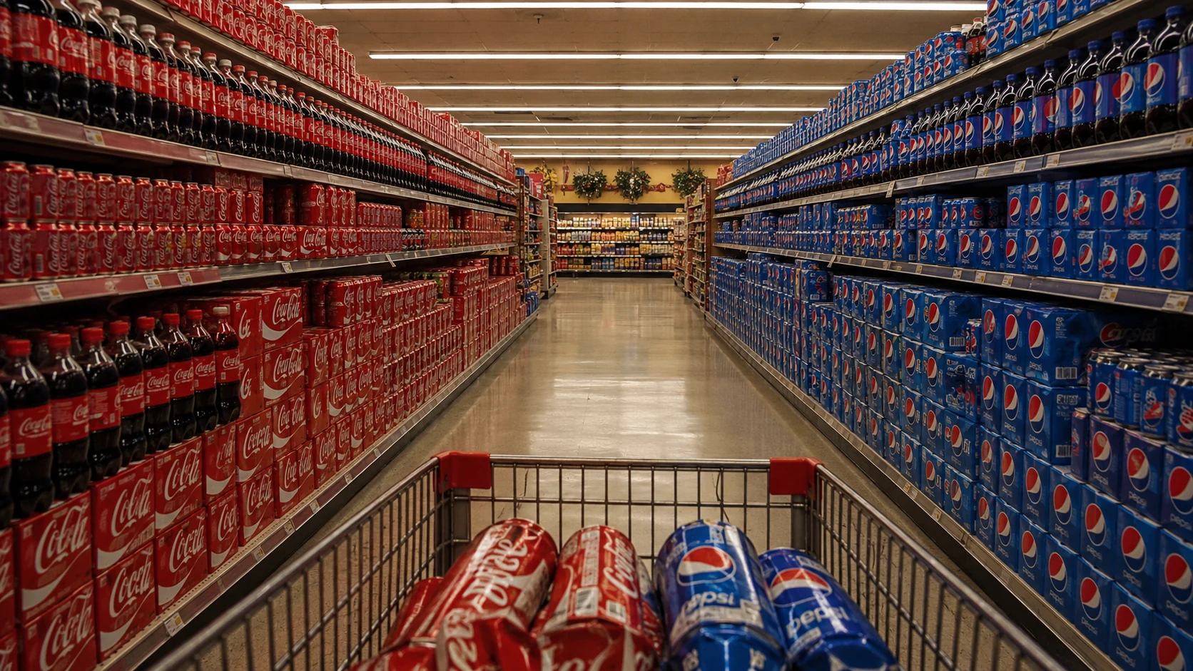Symmetrical 1980s supermarket soda aisle divided between Coca-Cola and Pepsi displays