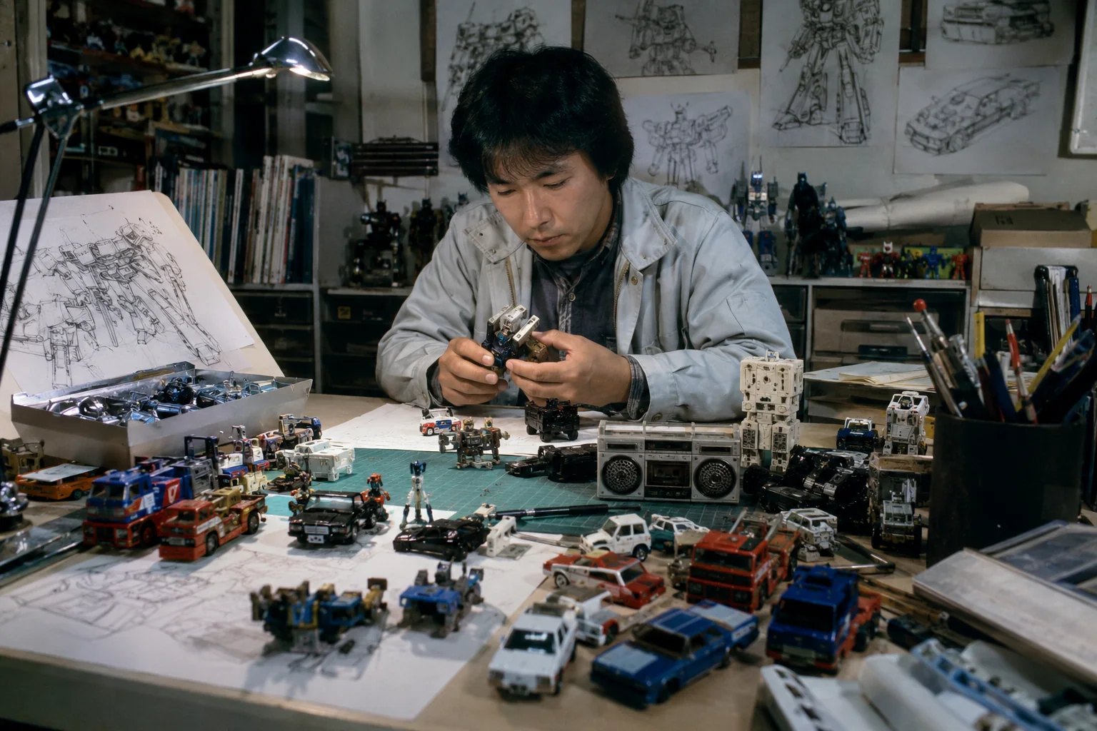 Japanese toy-design workshop with transforming cars, cassette robots, tiny pilot figures, mechanical prototypes, sketches, and early 1980s engineering tools.
