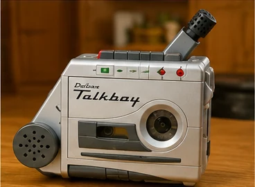 Gray 1990s handheld cassette recorder with an extending microphone