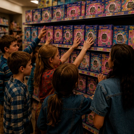 Kids reaching toward a sold-out-style digital pet display in a crowded 1990s toy store