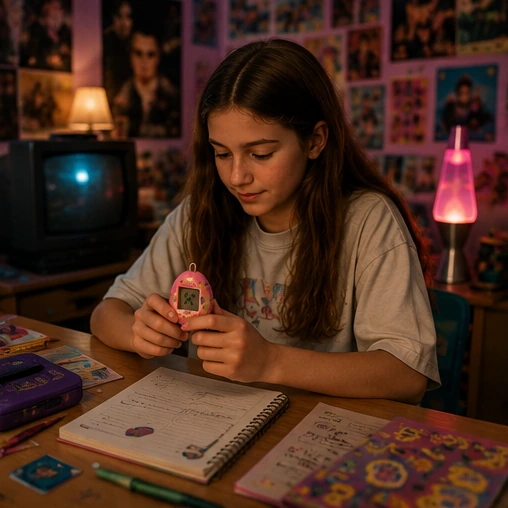 Teen caring for a digital pet while doing homework in a warm 1990s bedroom
