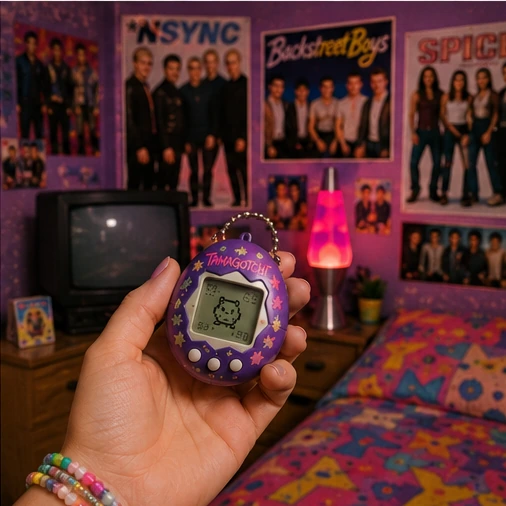 Purple digital pet held in a late-1990s bedroom with posters, CRT television and lava lamp