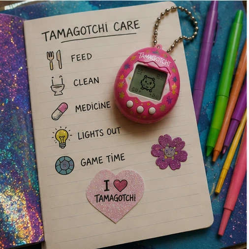 Handwritten digital pet care checklist beside a pink egg-shaped virtual pet and colorful pens