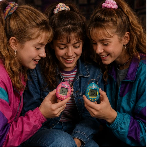 Three 1990s friends comparing colorful handheld digital pets