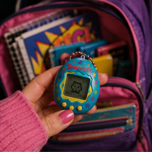 Colorful digital pet hanging inside a 1990s school backpack beside notebooks and pencils