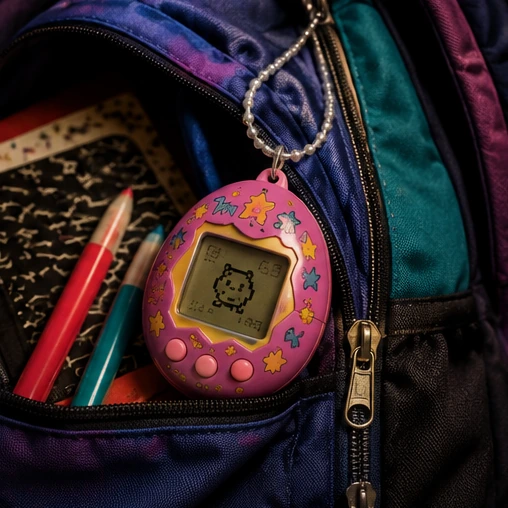 Three students comparing digital pets beside backpacks outside a 1990s school