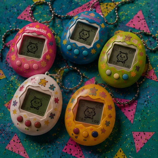 Collection of colorful 1990s digital pet shell variants on a bright geometric background