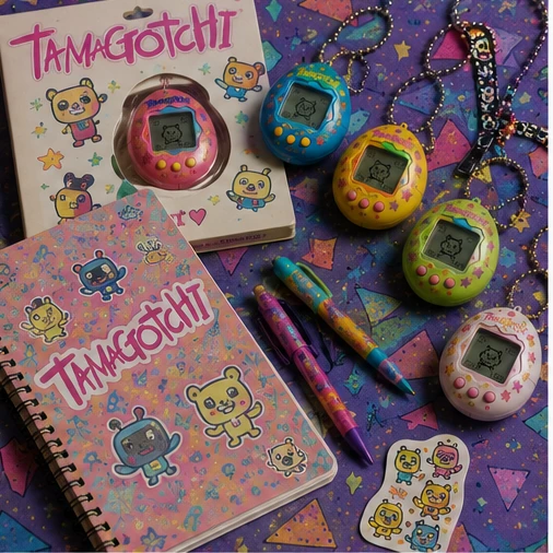 Colorful digital pet shells arranged with 1990s notebooks, pens and patterned stationery