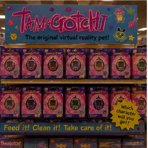 Large 1990s toy-store display of boxed digital pets in multiple colors