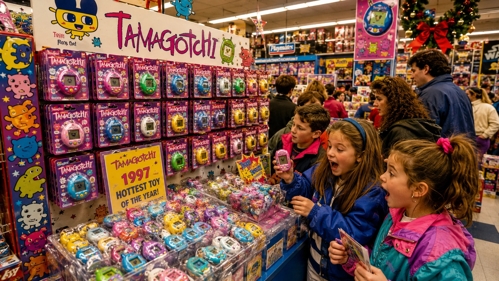 Crowded 1997 toy-store display filled with colorful digital pets during the holiday shopping rush