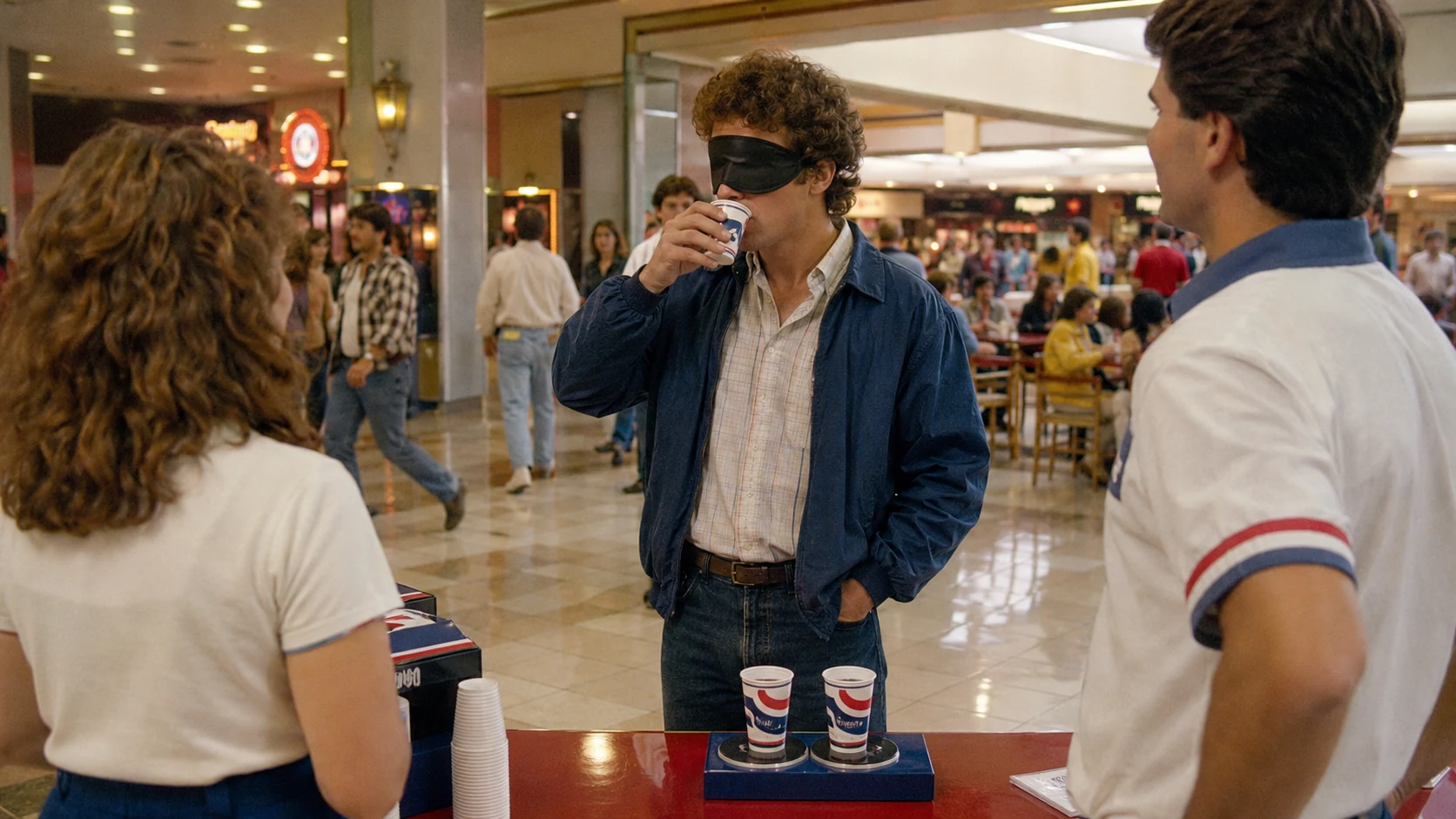 Blindfolded shopper taking a soda taste test in a crowded retro 1980s mall food court