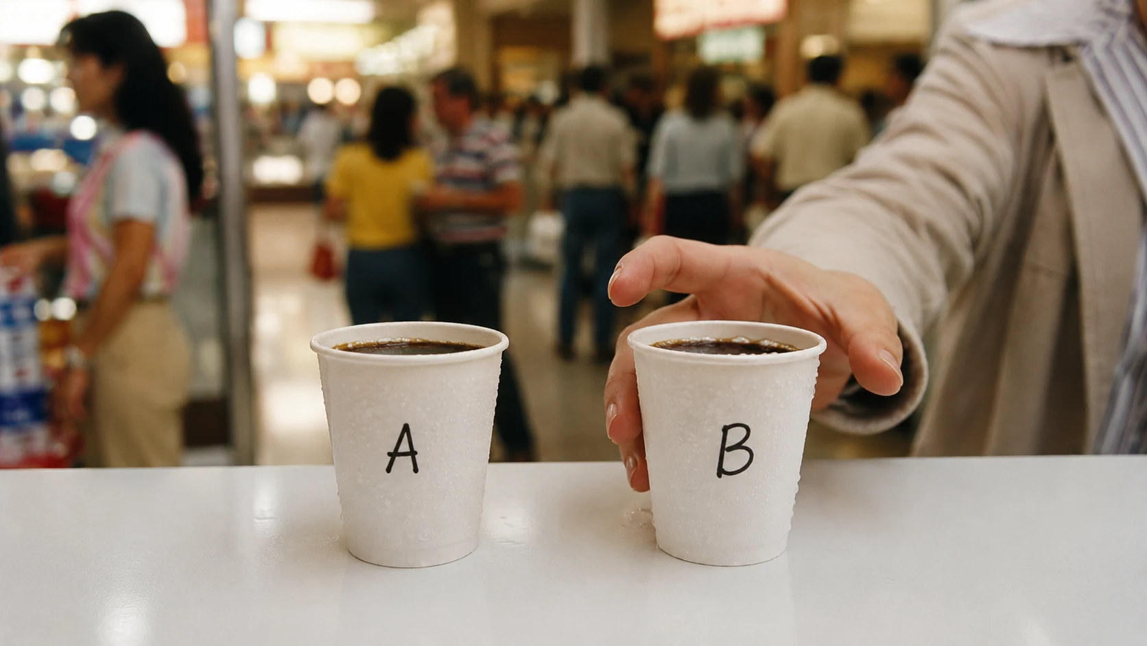 Two unmarked soda cups labeled A and B on a busy 1980s shopping-mall counter