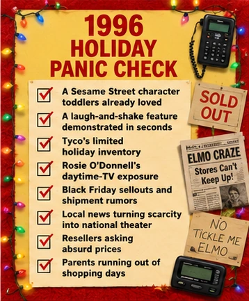 1996 Tickle Me Elmo holiday panic checklist with sold-out notices, phone calls and shipment rumors