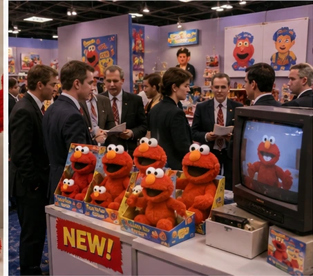 1996 toy-industry trade-show booth displaying interactive red plush toys to retail buyers