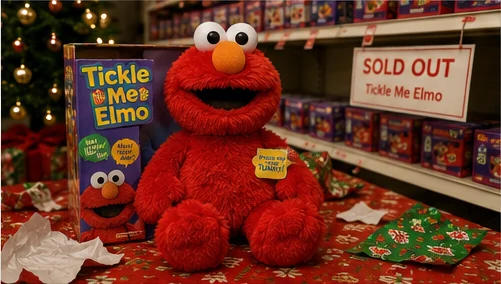 Tickle Me Elmo toy beside Christmas wrapping paper and a sold-out store display