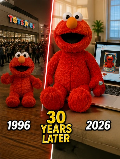 1996 and 2026 laughing red plush toys displayed side by side for a 30-year comparison
