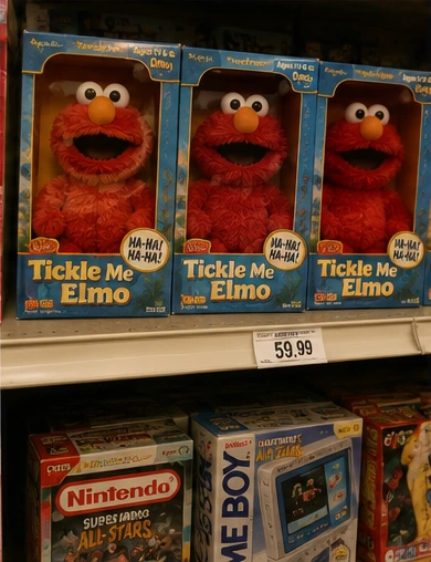 Boxed Tickle Me Elmo toys displayed on a crowded 1990s toy-store shelf