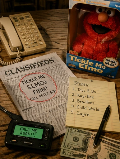 1996 newspaper classifieds, corded phone, pager, cash and a boxed Tickle Me Elmo