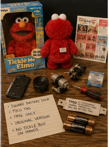 Vintage Tickle Me Elmo collector display with original box, open mechanism, battery door and identification notes