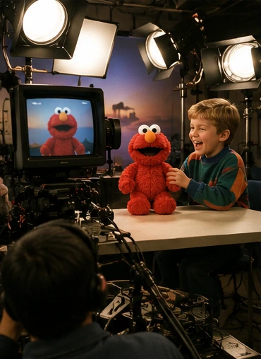 Behind-the-scenes 1990s toy commercial with a child, laughing red plush toy, camera and CRT monitor