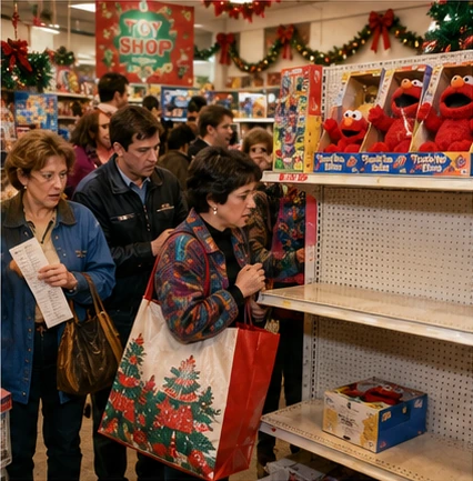 1996 Christmas shoppers facing an almost empty Tickle Me Elmo display