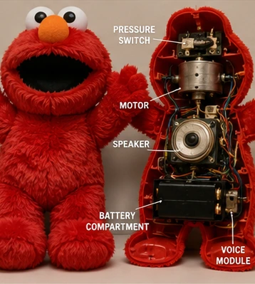 Cutaway display showing the pressure switch, motor, speaker and battery compartment inside a laughing red plush toy