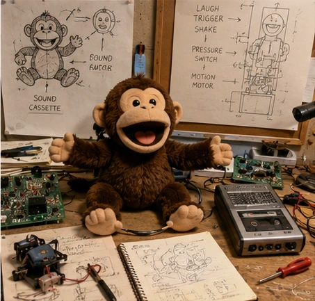 Toy inventor workshop with a laughing plush monkey prototype, sketches and electronic components