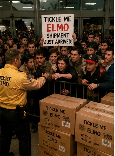 Crowd waiting behind a store barrier as a small shipment of Tickle Me Elmo boxes arrives