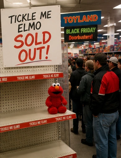 Black Friday shoppers beside a sold-out Tickle Me Elmo shelf in a 1996 toy store