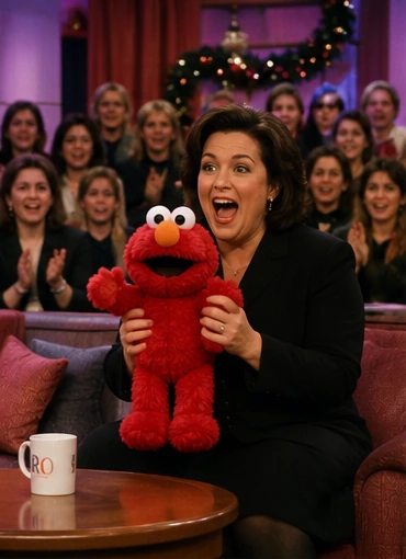 1990s daytime talk-show host demonstrating a laughing red plush toy to a cheering audience