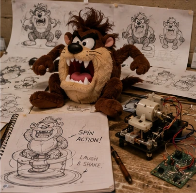 Early Tickle Me Taz development concept with plush prototype, motion sketches and electronics