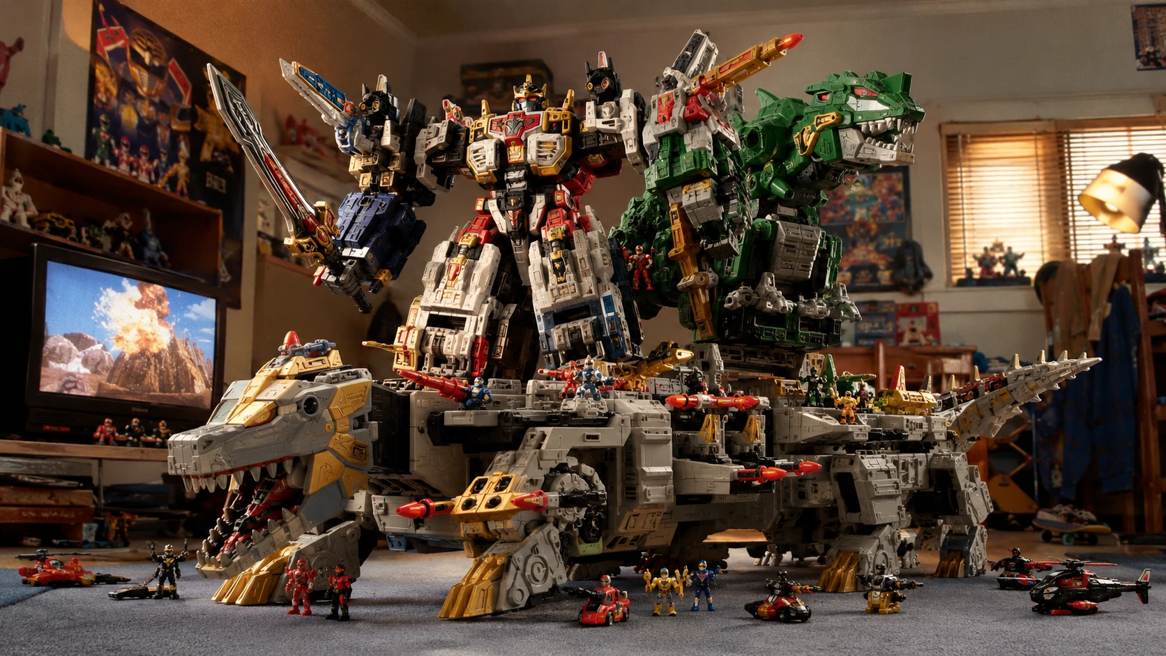 Large Titanus carrier toy supporting an Ultrazord-style combination with Rangers and Zords in a 1990s bedroom