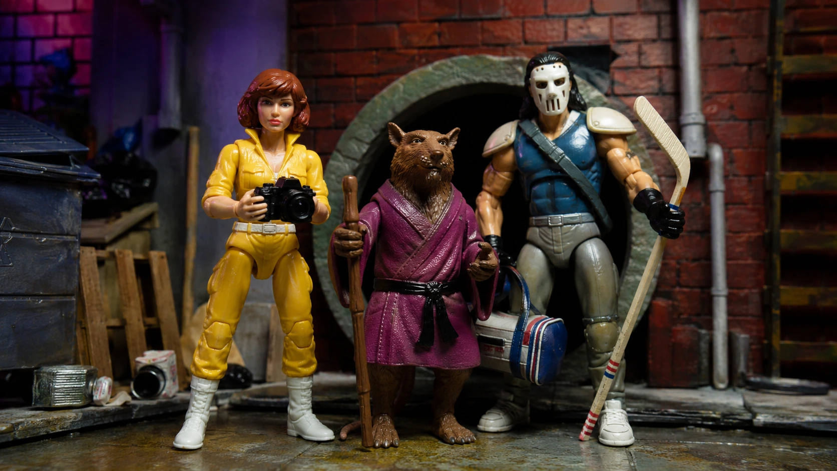 Splinter, April O'Neil and Casey Jones action figures posed near a New York sewer entrance