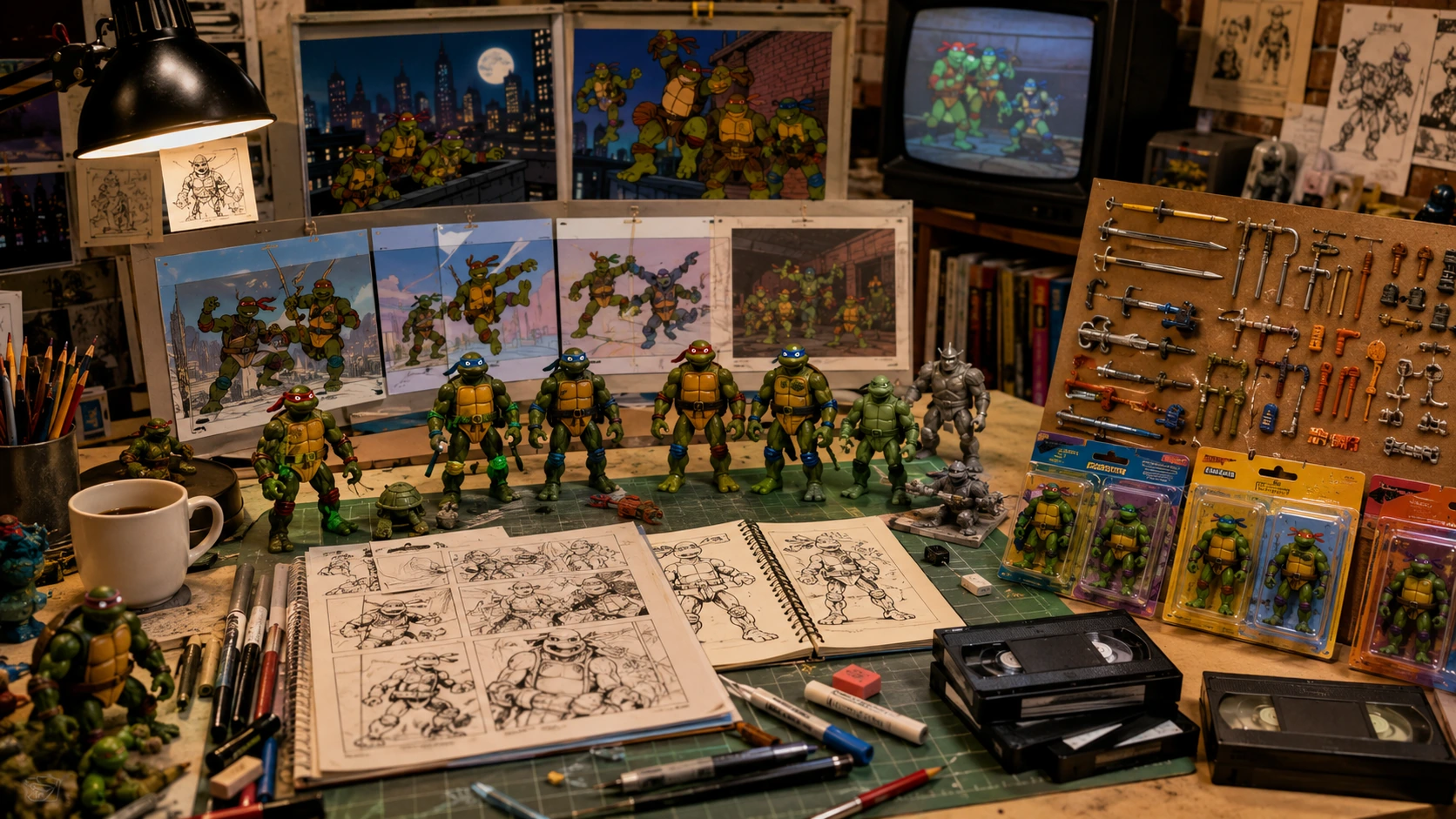 Creative TMNT development desk with black-and-white comic sketches, animation art, prototype figures, weapons and VHS tapes