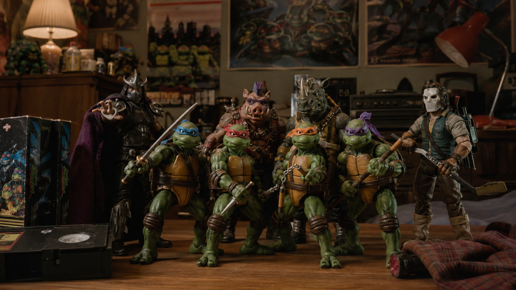 Early 1990s movie-inspired Turtle figures with softer suit textures, villain figures and VHS boxes