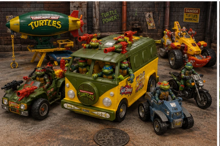 TMNT Party Wagon, Turtle Blimp and sewer-themed vehicles arranged in a toy-room battle