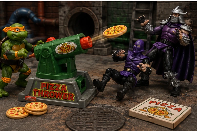 TMNT Pizza Thrower launching a plastic pizza disc toward Shredder and Foot Soldiers