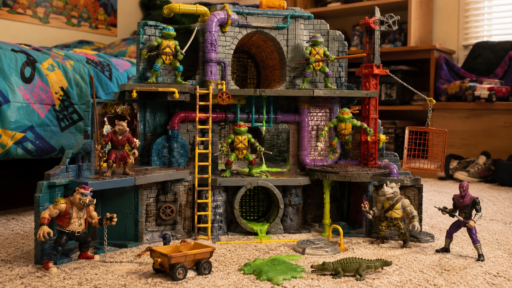 Large 1989-style TMNT Sewer Playset filled with Turtles, villains, ladders, pipes, traps and green ooze