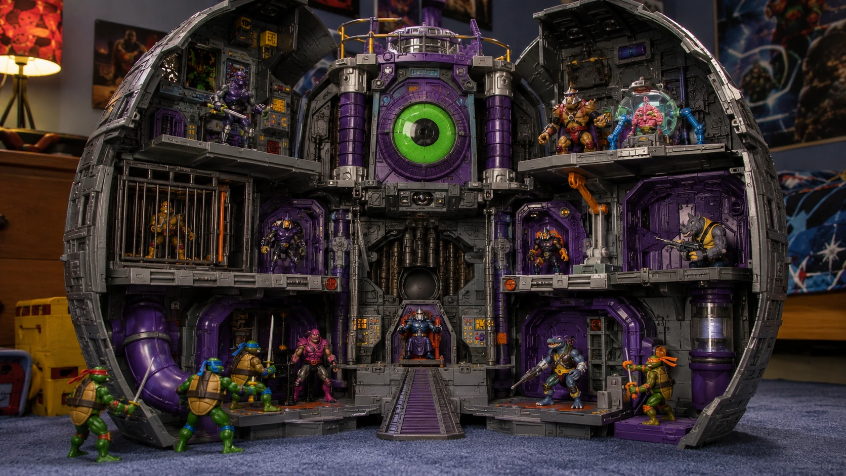 Large opened Technodrome playset with multiple levels, jail cells, Krang, Shredder, Foot Soldiers and a giant green eye