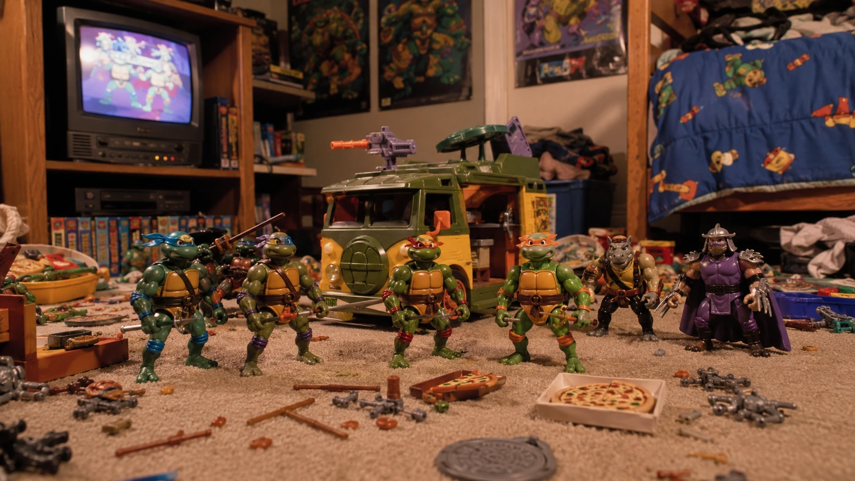 Early 1990s bedroom filled with TMNT figures, villains, a Turtle van, pizza accessories, a CRT television and VHS tapes