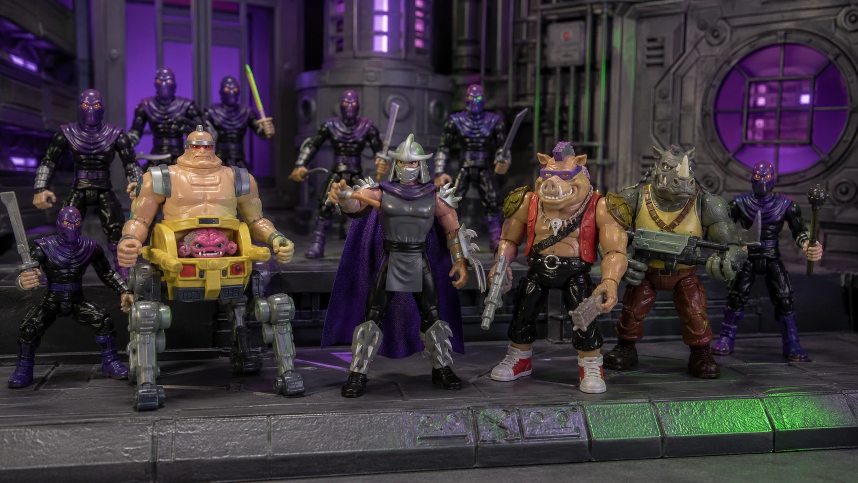 Shredder, Krang, Bebop, Rocksteady and Foot Soldier figures inside a purple-lit Technodrome-style headquarters