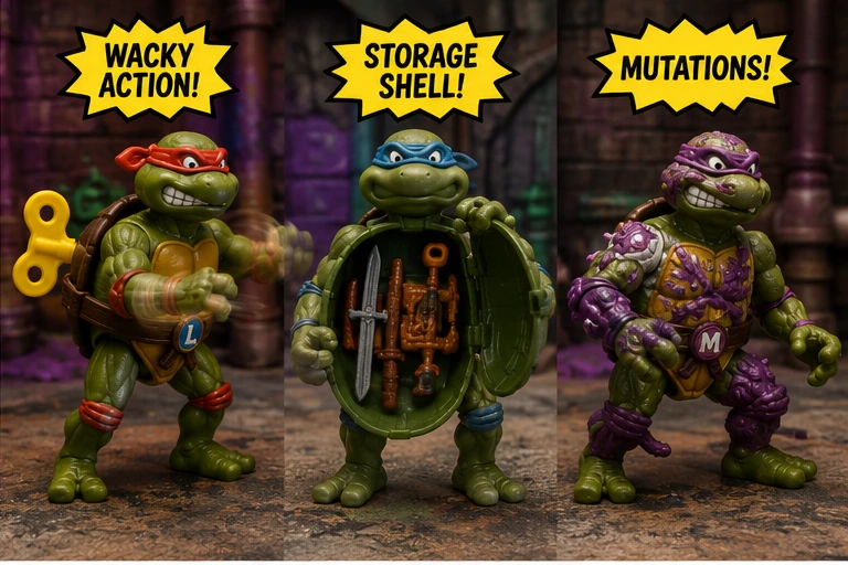 TMNT figures demonstrating Wacky Action, Storage Shell and Mutations toy features