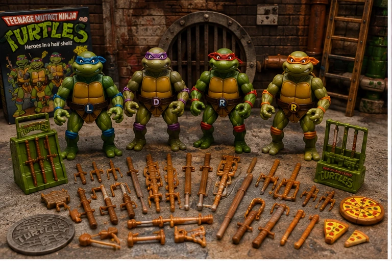 Classic Turtle figures displayed beside plastic weapons racks, swords, sai, bo staffs, nunchaku and pizza accessories