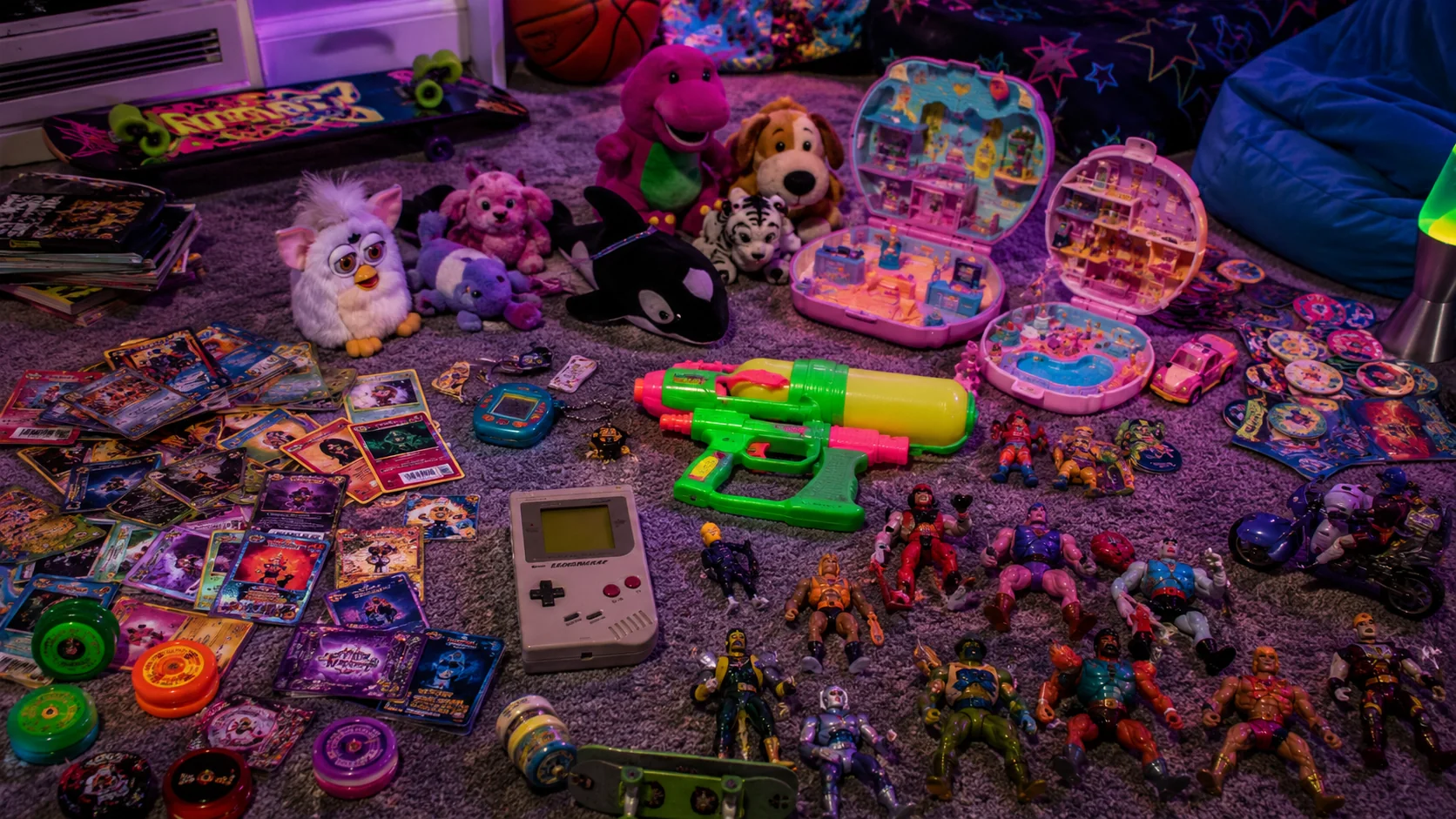 A bedroom floor filled with the biggest toy crazes of the 1990s