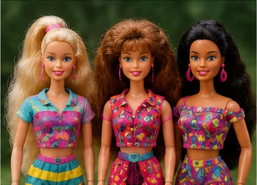 Colorful 1990s-style fashion dolls with long hair and neon patterned outfits